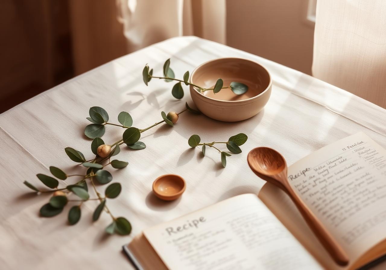 A linen-covered table with eucalyptus leaves, a ceramic bowl, an olive wood spoon and an open handwritten recipe book in warm window light