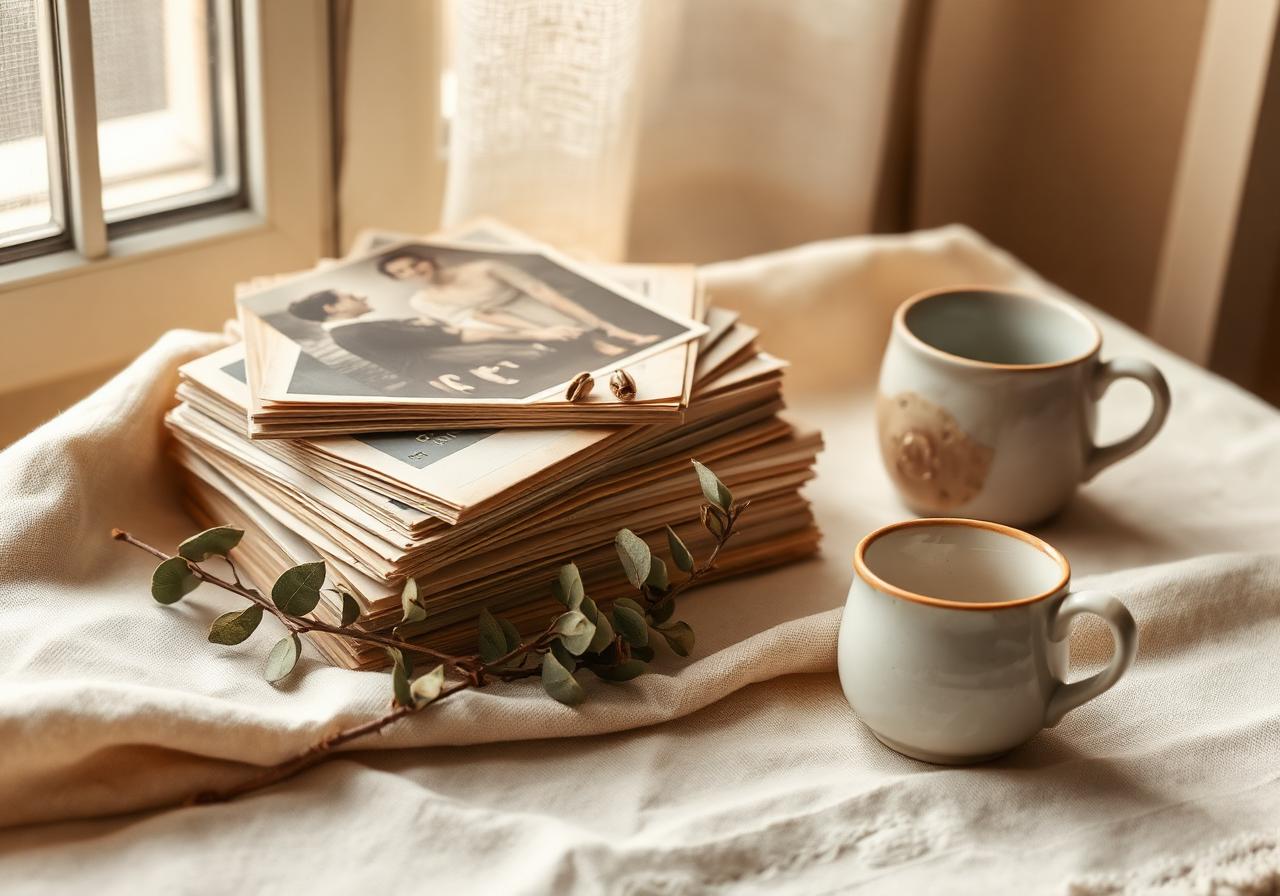 A stack of old family photographs resting on warm linen beside a sprig of eucalyptus