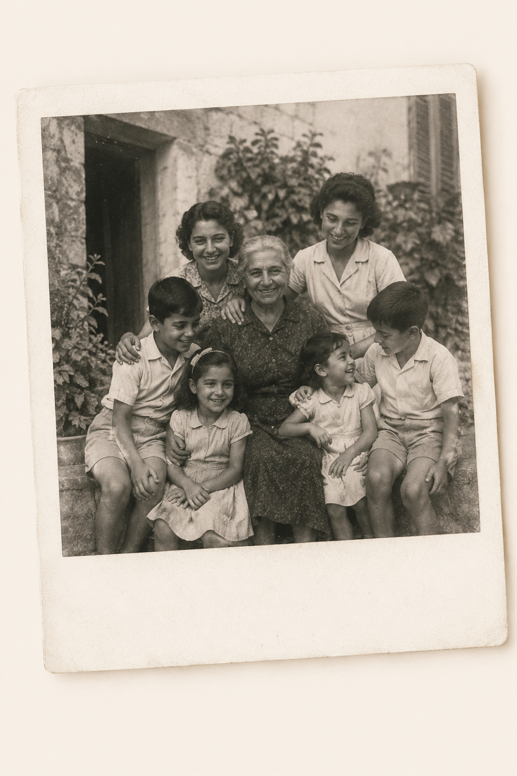 A vintage family Polaroid: a grandmother surrounded by her grandchildren on the steps of an old Mediterranean home