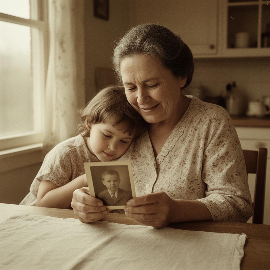 A grandmother sitting at a kitchen table showing old family photographs to her young grandchild in warm window light
